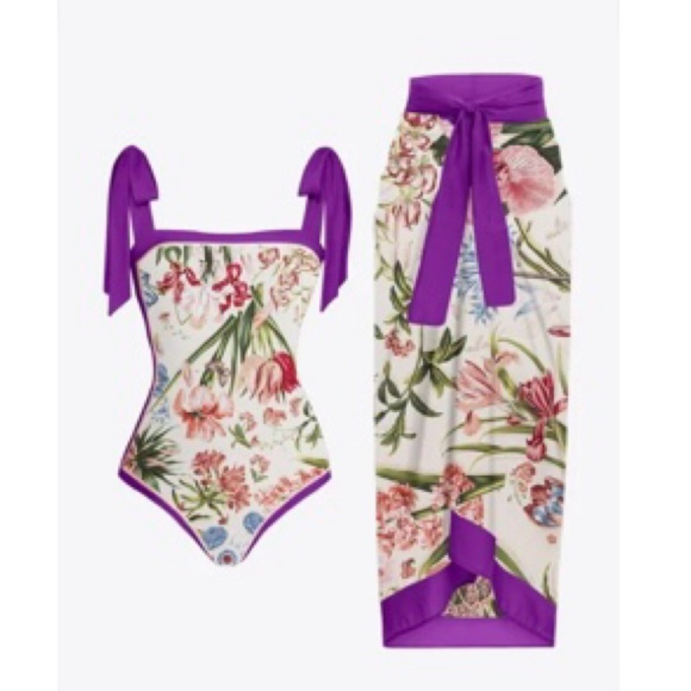 Floral Tie Shoulder Swimsuit with Cover Set